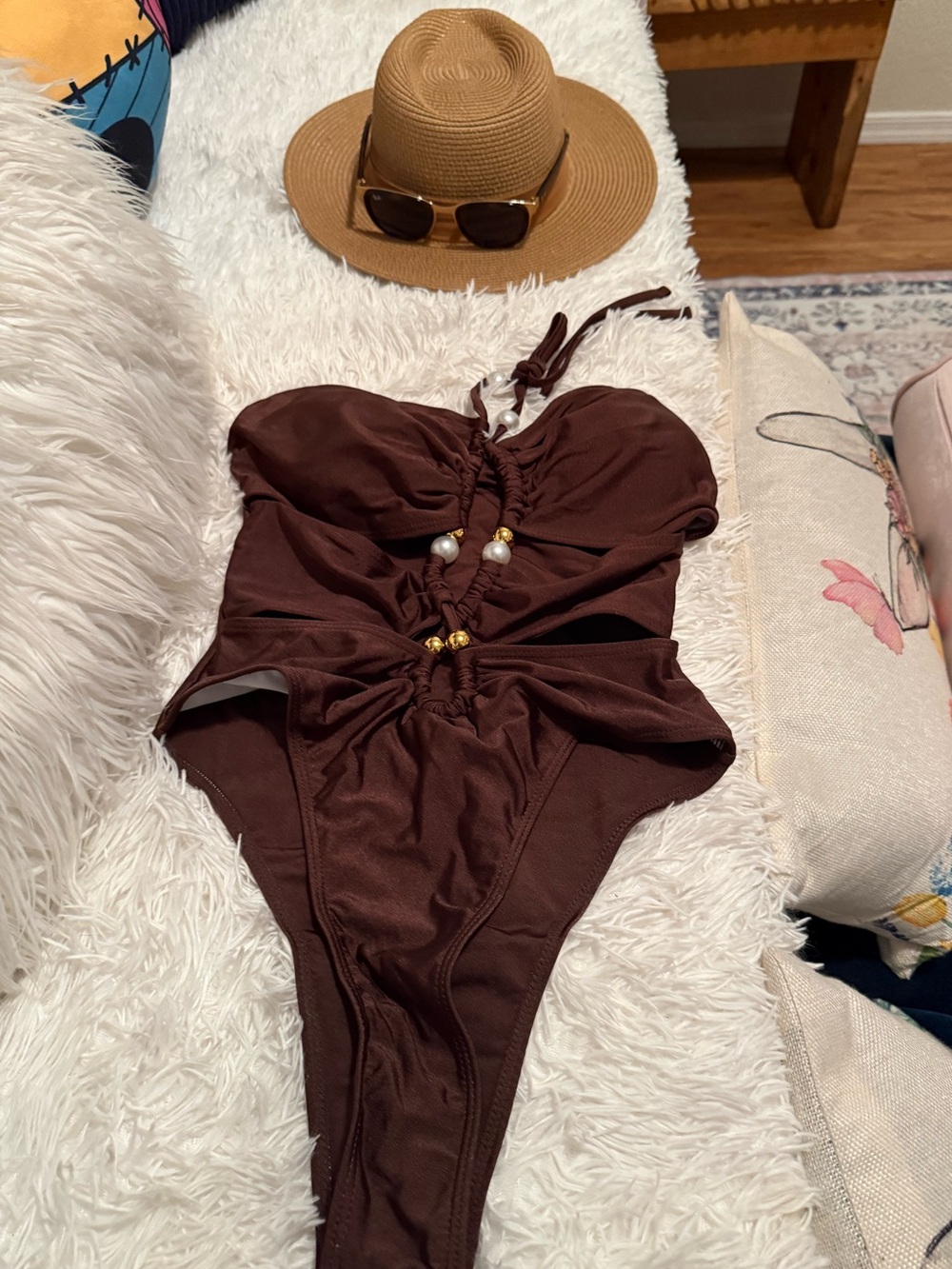Women’s sexy Brown One-Piece thong Swimsuit with pearl & gold Bead Detail.